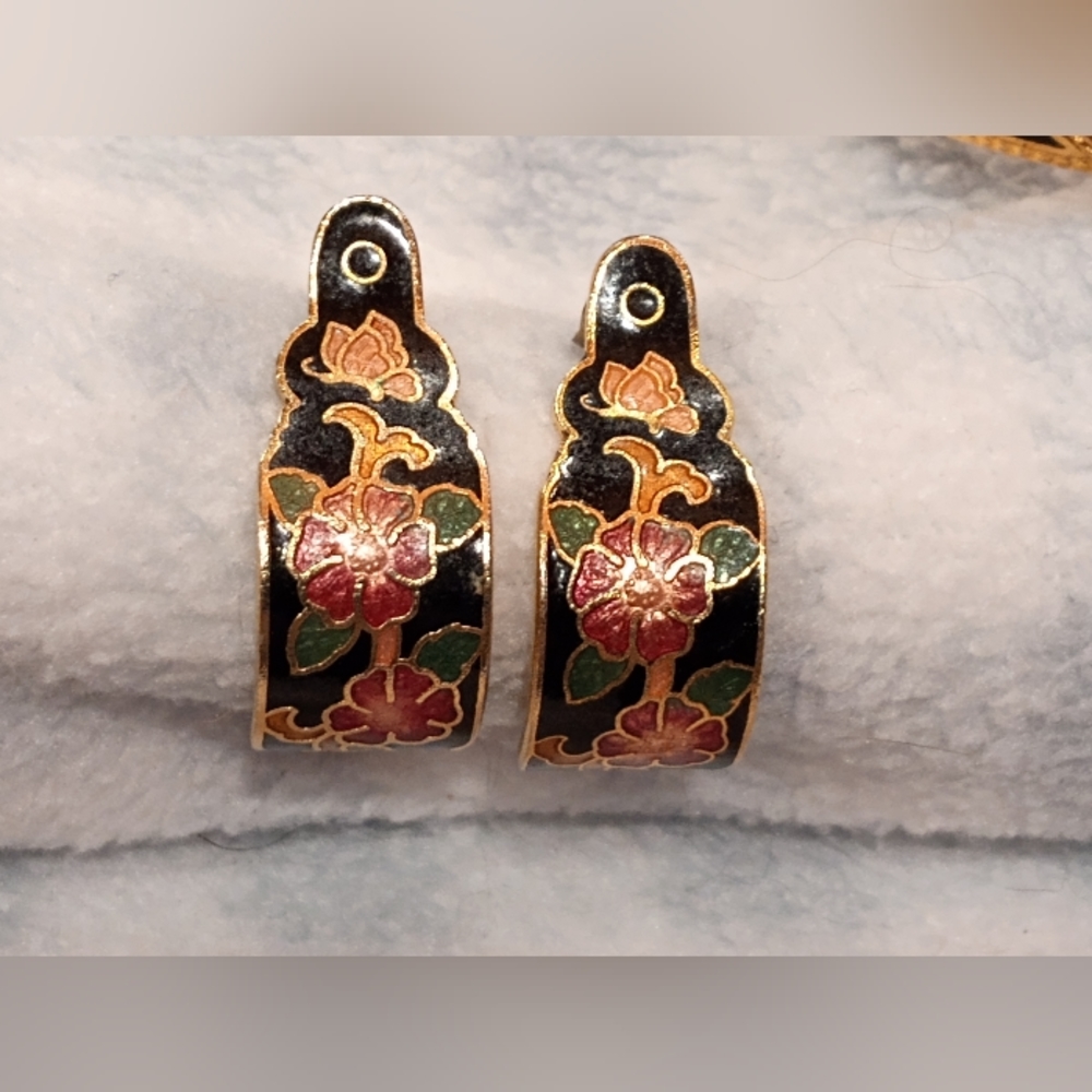 Cloisonne butterfly 🦋/floral black enamel 1" earring 2.25" bracelet Vintage - Picture 3 of 9
